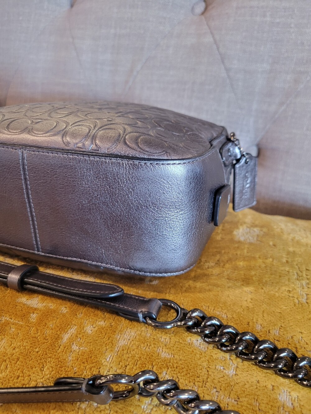 Coach Metallic Gray Embossed Signature Leather Crossbody Bag - Picture 8 of 10
